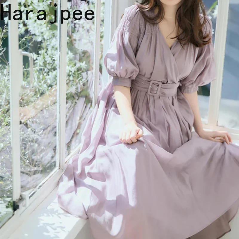 

Harajpee Women Elegant Long Dress Japanese Style Summer 2023 New Solid Fashion A-line Lady Belt Casual Sweet Vestidos Mujer
