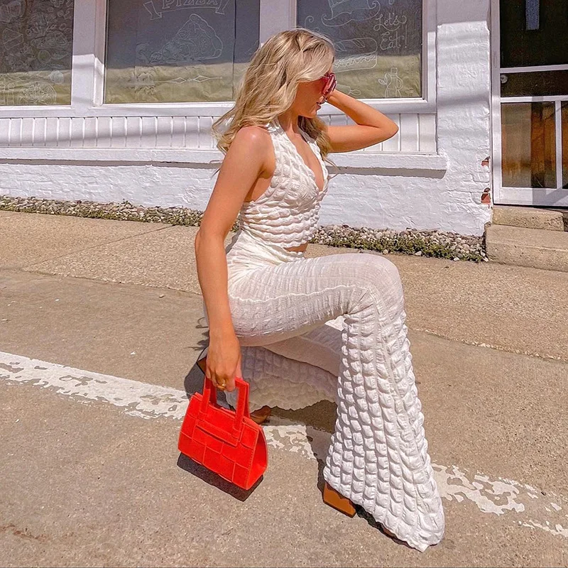 

Gothic Women's Solid Color Halter Sleeveless High Waist Bag Hip Bubble Sexy Women's Trousers Set