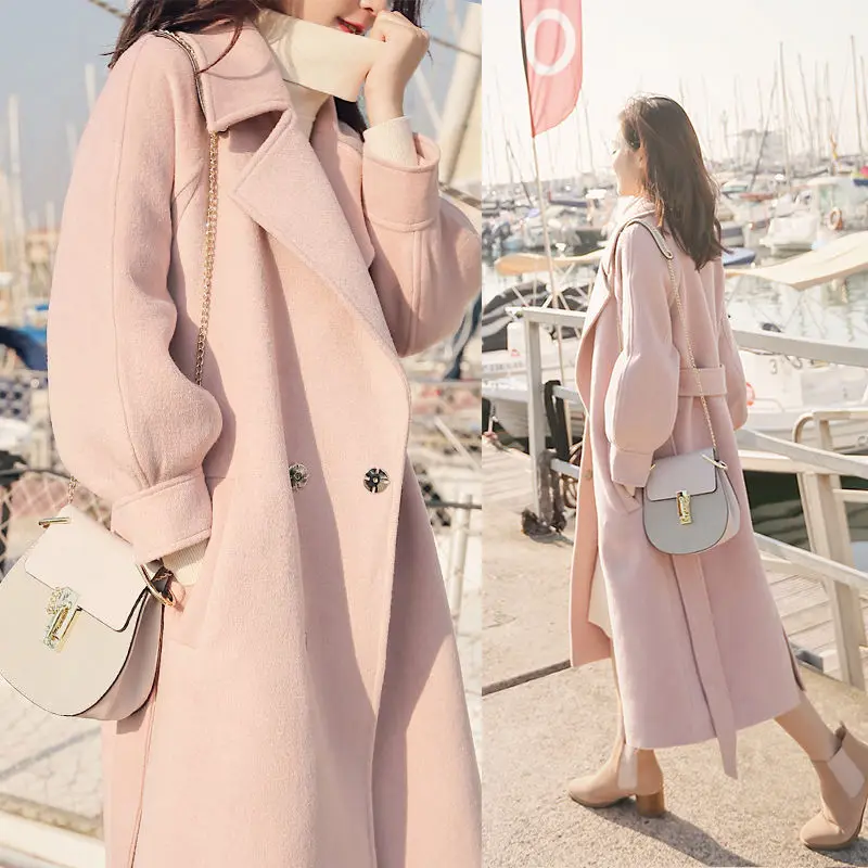 

Thicken/not Thicken Women's Autumn and Winter Woolen Coat, Female Lantern Sleeves Women's Mid-length Lace Up Student Woolen Coat