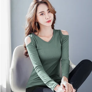 Женские топы с открытыми плечами, одежда 2022, летняя футболка с V-образным вырезом и длинным рукавом, Женская Новая эластичная футболка, одежда для слайма