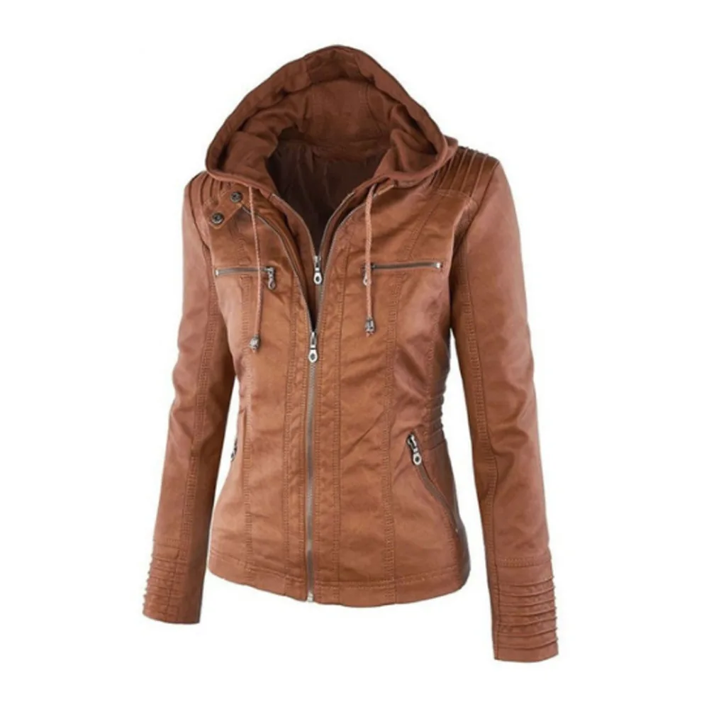 New Fashion Women's PU Leather Jacket Hooded Fake Two Pieces Jacket Long Sleeve zipper Jackets for Women Veste Femme