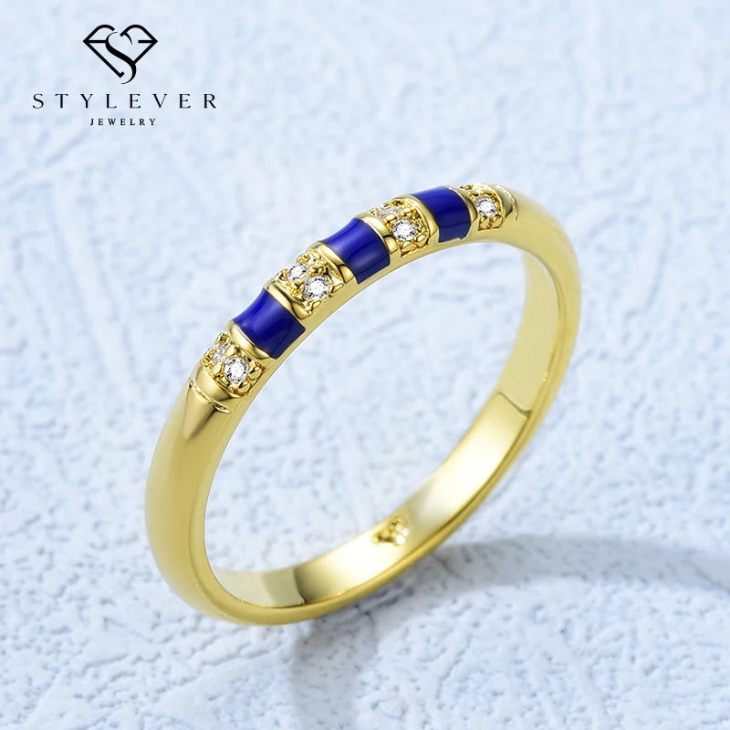 

Stylever Classic Real 925 Sterling Silver Women Engagement Ring Blue Stripes Shiny CZ Heart Engrave Rings for Women Fine Jewelry