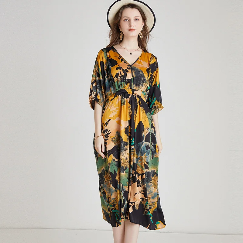 

SuperAen 2022 New Summer Fashion Oversized Loose V-Neck Printing Mid-Calf A-LINE Casual Woman Dress
