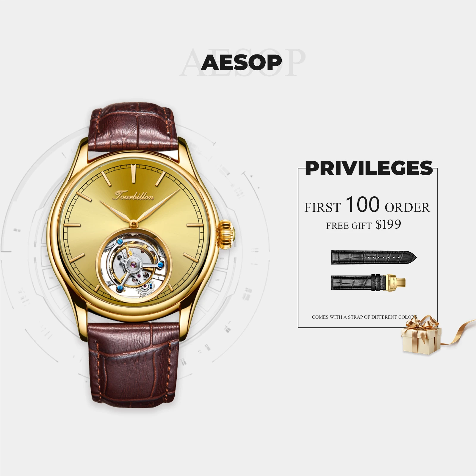 Классические мужские механические часы AESOP с турбийоном и ручным управлением из