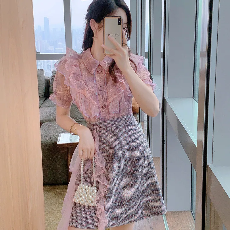 

High Quality Lace Tweed Patchwork Summer Dress Women Diamonds Button Ruffles Short Sleeve Mini Dresses Vestidos Party Mesh F197