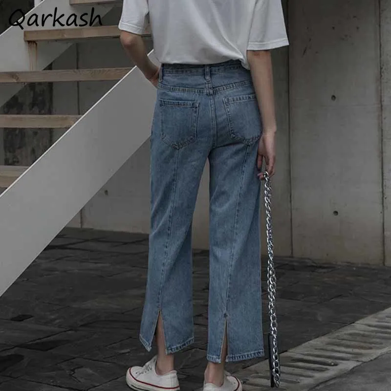 

Jeans Women Summer Vintage Colleges Split Design Ankle Length Loose Casual Korean Style Girls Simple All-match Denim Trousers