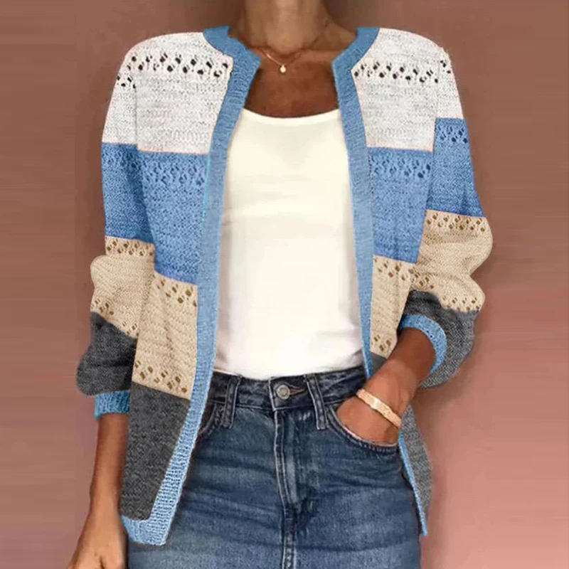 

Spring Casual Color-block Patchwork Sweater Women Elegant O-neck Hollow Top Cardigan Autumn Long Sleeve Slim Knitted Jumper Coat