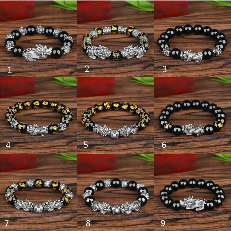 

Nice Six Words Pixiu Bead Bracelet Black Obsidian Stone Bracelets Amulet Jewelry Decoration Gift