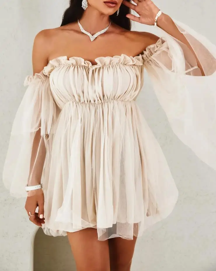 

Dress For Women 2022 Summer Chic Off Shoulder Long Sleeve Frill Trim Sheer Mesh Ruched Swing Bell Sleeve Sweet A Line Mini Dress