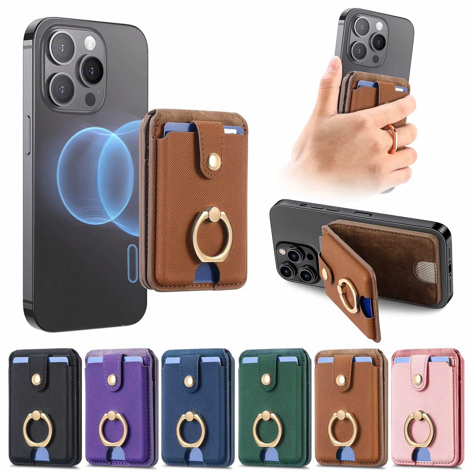 

Magsafe Card Bag Magnetic Suction Ring Bracket Leather PU Sleeve For iPhone 12 13 14 15 Pro Max Plus