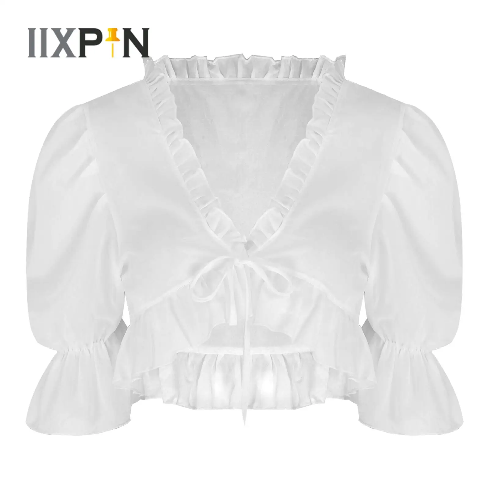 

2023 Womens Chiffon Cardigan Wraps Frilly 3/4 Sleeve Semi See Through Bolero Shrug Lace-up Crop Top Dance Gymnastics Cover Ups