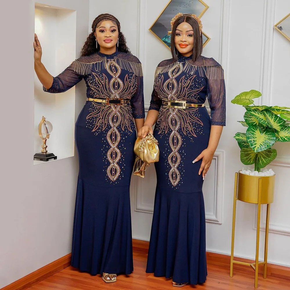 MD Plus Size Dresses African Women Dashiki Outfits Luxury Crystal Tassel Evening Gown Elegant Ladies Mermaid Dress Kaftan Robes