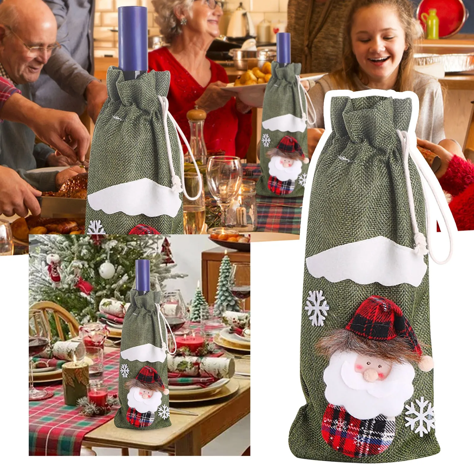 2 Pc Christmas Snowman Wine Bottle Set Santa Swedish Festive Decoration Stand Bag Drawstring Handmade Glass Flutes Champagne