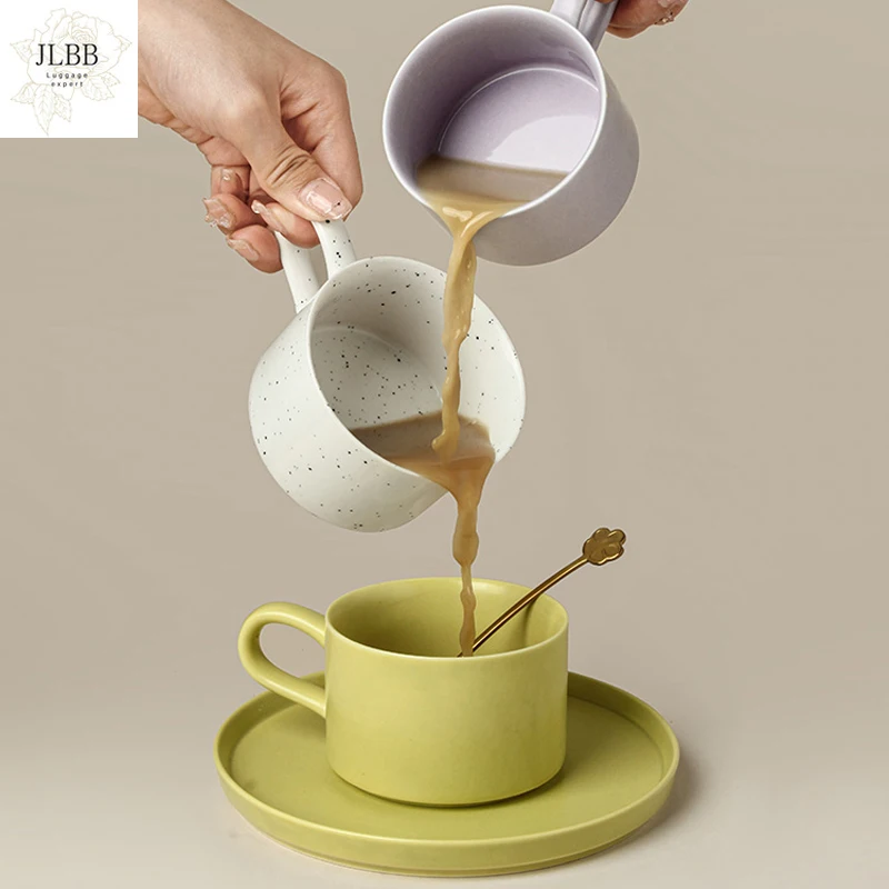 

Nordic Ceramic Cup With Plate and Gold Spoon Dishwasher Safe Modern Porcelain Coffee Tea Latte Cup Saucer Set Green Purple White