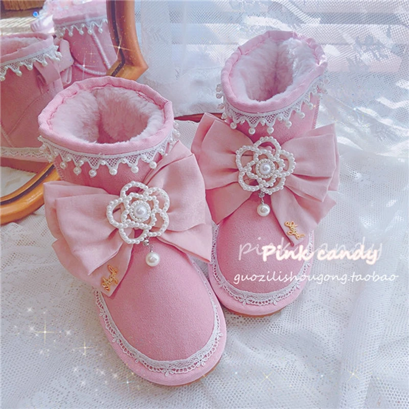 

Cute Pink Bow Pearls Flower Beaded Women Ankle Boots Warm Plush Winter Shoes Woman Genuine Leather Fur Snow Boots Girls Shoes