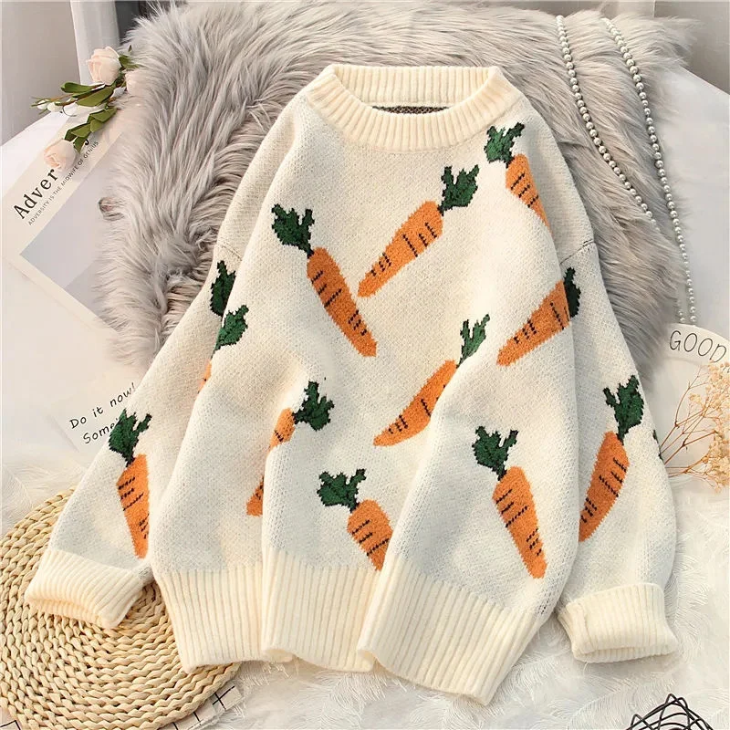 

Spring Autumn Women Carrot Pattern Knitted Sweater Jumper Blue Yellow Beige Long Sleeve O-neck Sweaters Pullover Ladies Knitwear