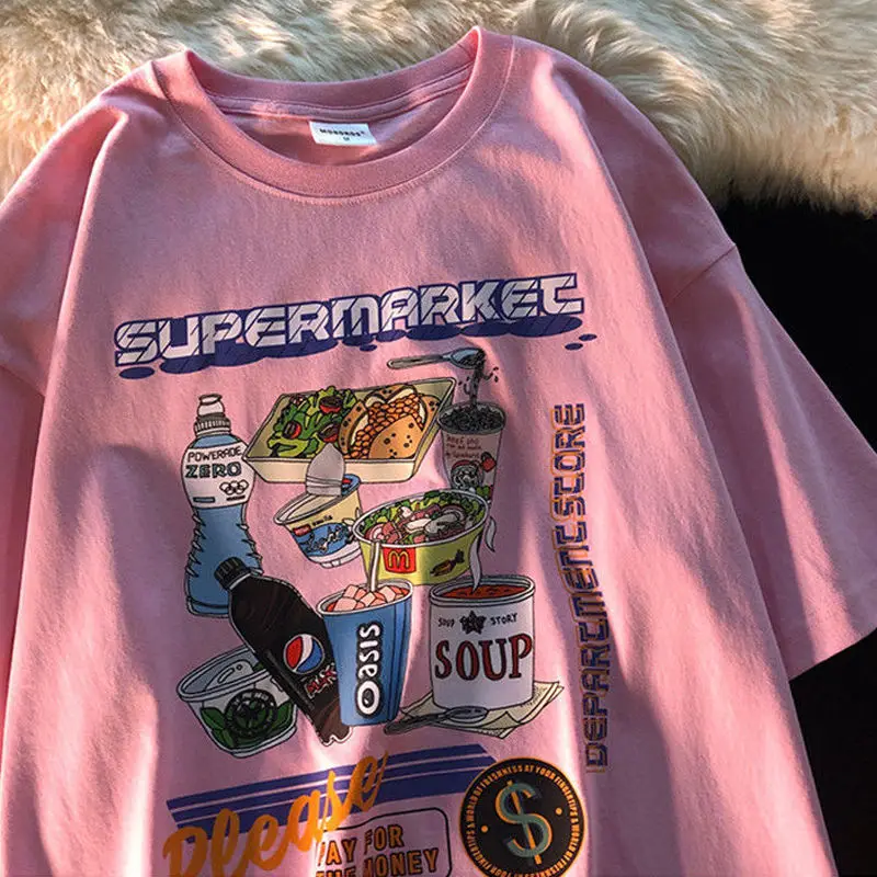 

Розовые Популярные американские стильные свободные футболки с рисунком еды и напитков, женская летняя футболка в стиле панк, одежда