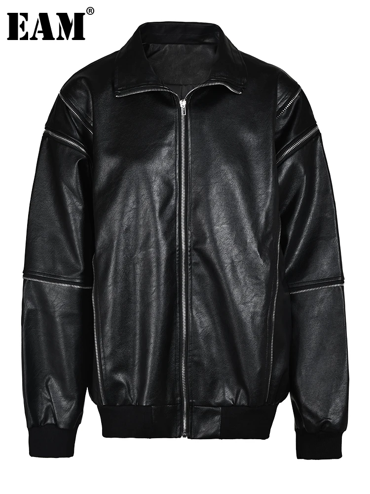 

[EAM] Loose Fit Black Pu Leather Zipper Big Size Jacket New Lapel Long Sleeve Women Coat Fashion Tide Spring Autumn 2023 Cp1609