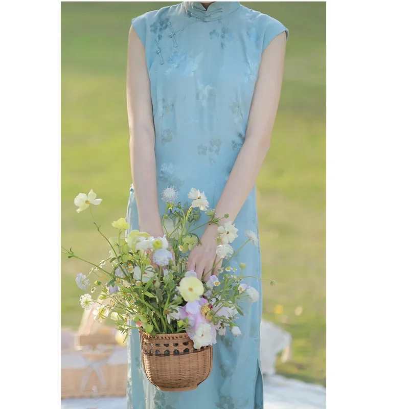 Платье-Ципао для китайской девушки голубое современное жаккардовое длинное