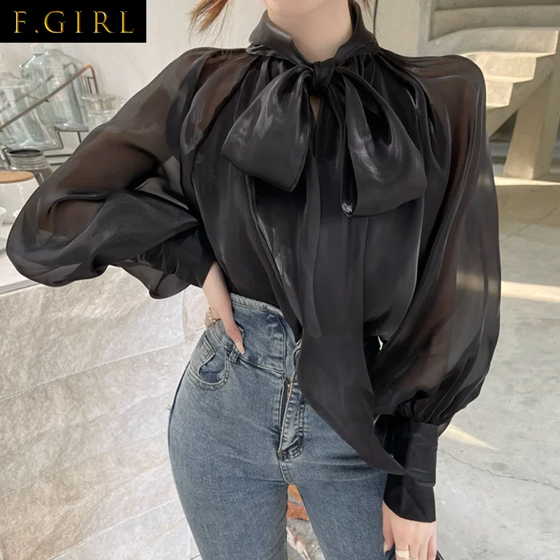 Enlarge Alien Kitty 2021 New Summer Lantern Sleeve Brief Solid Bow Loose Hot Chic Blouses Pullover Lady Casual Tops Single-Piece Set