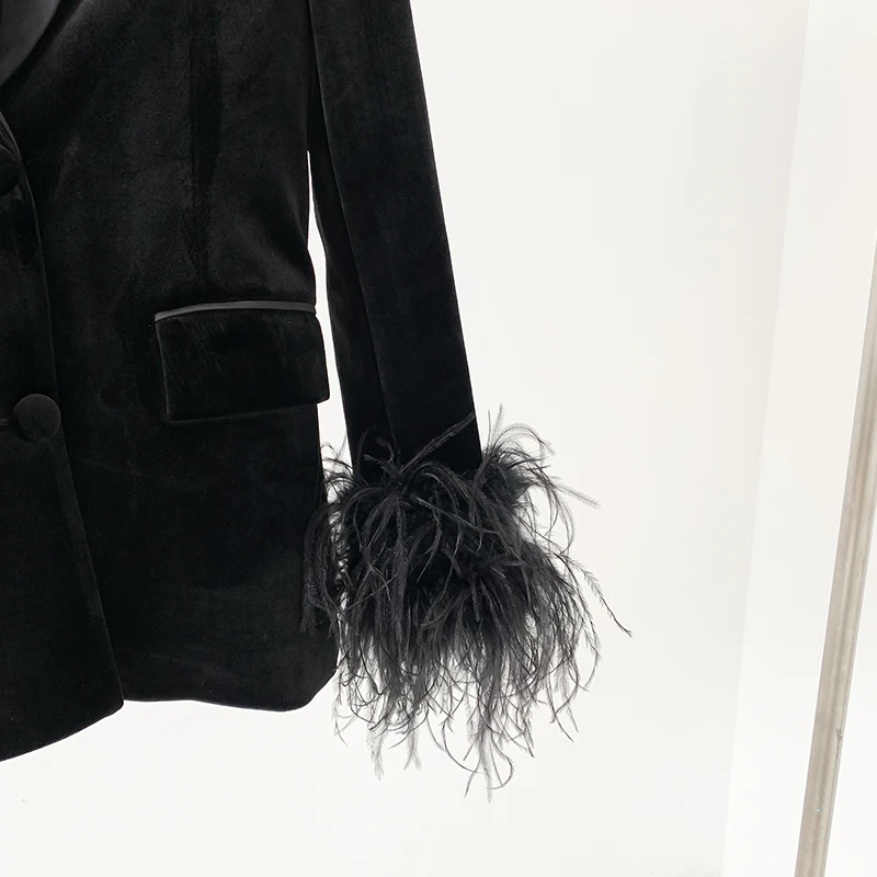 Черный бархатный блейзер со страусиной шерстью и перьями женская куртка с