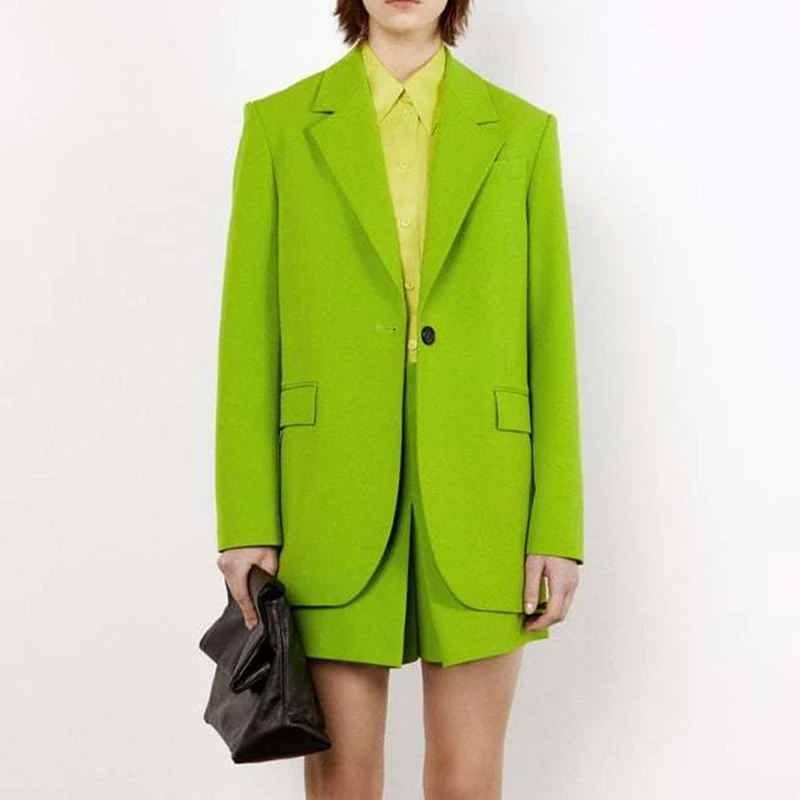 

Весна 2022, Женский Зеленый свободный блейзер с длинным рукавом, верхняя одежда на одной пуговице, Женские однотонные повседневные топы CD8427