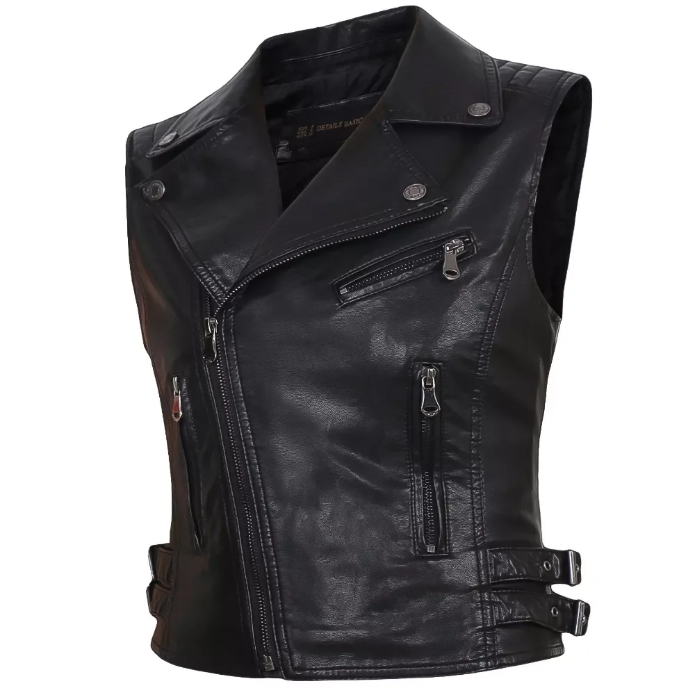 

2021 Women Motorcycle PU Faux Leather Sleeveless Jackets Ladies Turn-down Collar Belt Zipper Vest Pockets Waistcoat Streetwear