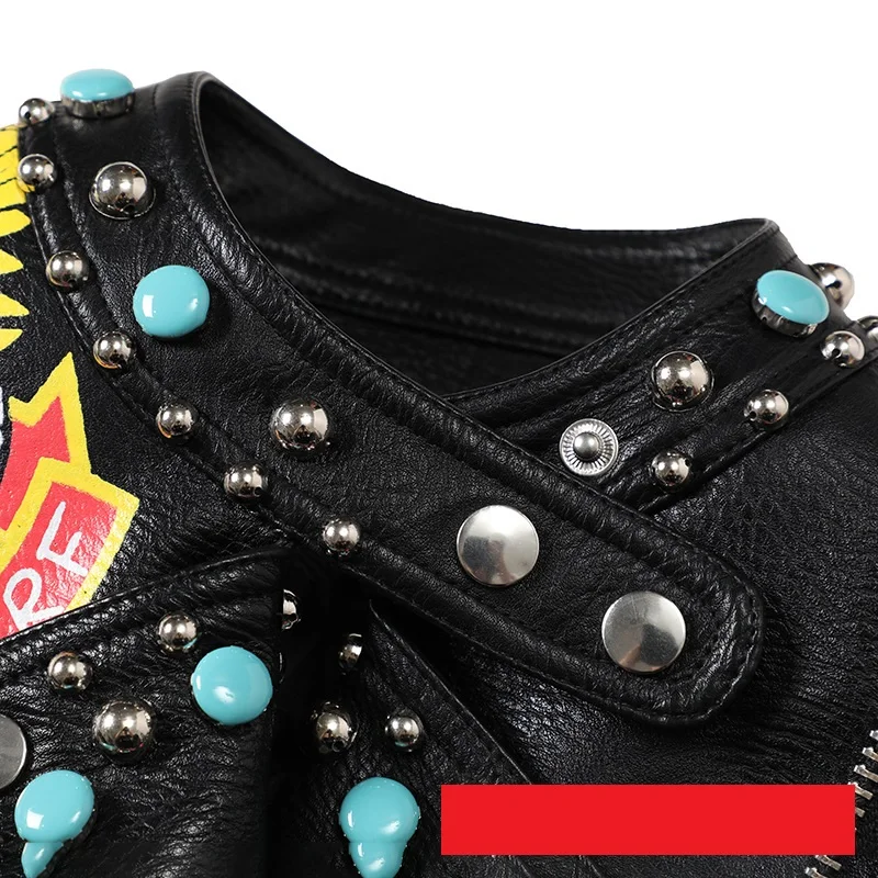 Модная Женская Черная байкерская кожаная куртка с принтом в стиле панк готика
