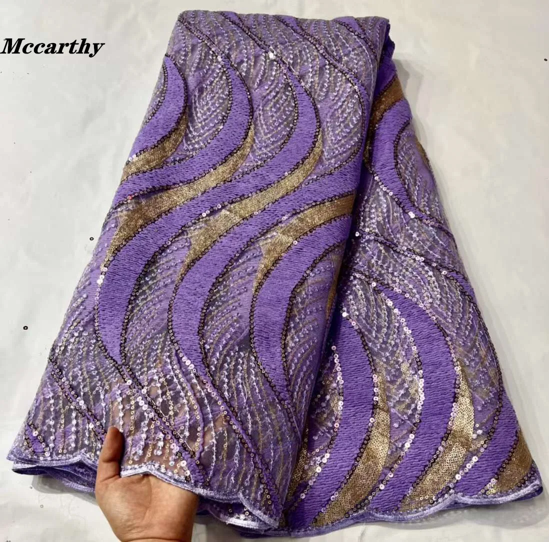 

Fashion Purple African French Lace Fabric With Sequins Nigerian Embroidery Lace Fabric Material 5 Yard For Wedding Dress