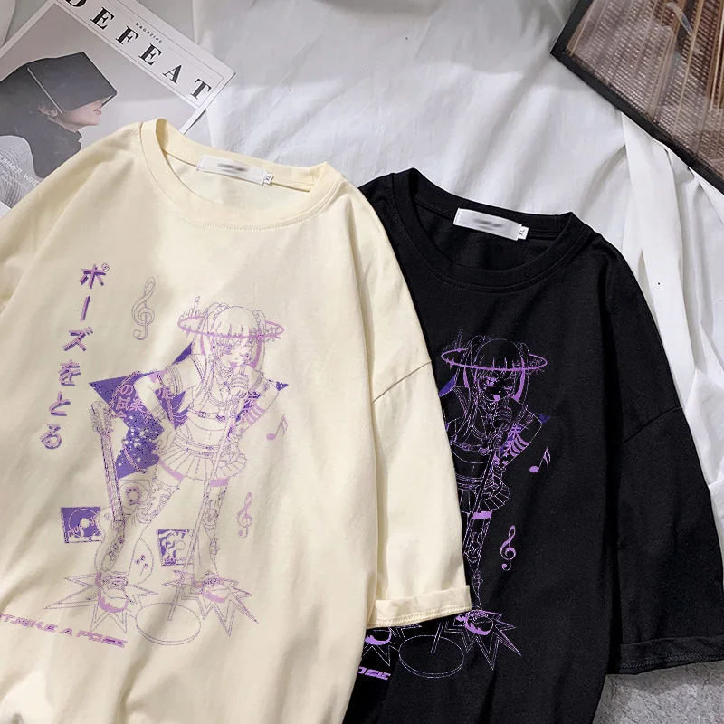 Women T-shirts Harajuku Music Girl Print Black Crop Oversized T-shirt Goth Short Sleeve Top Female TShirt Kawaii Ladies Clothing |