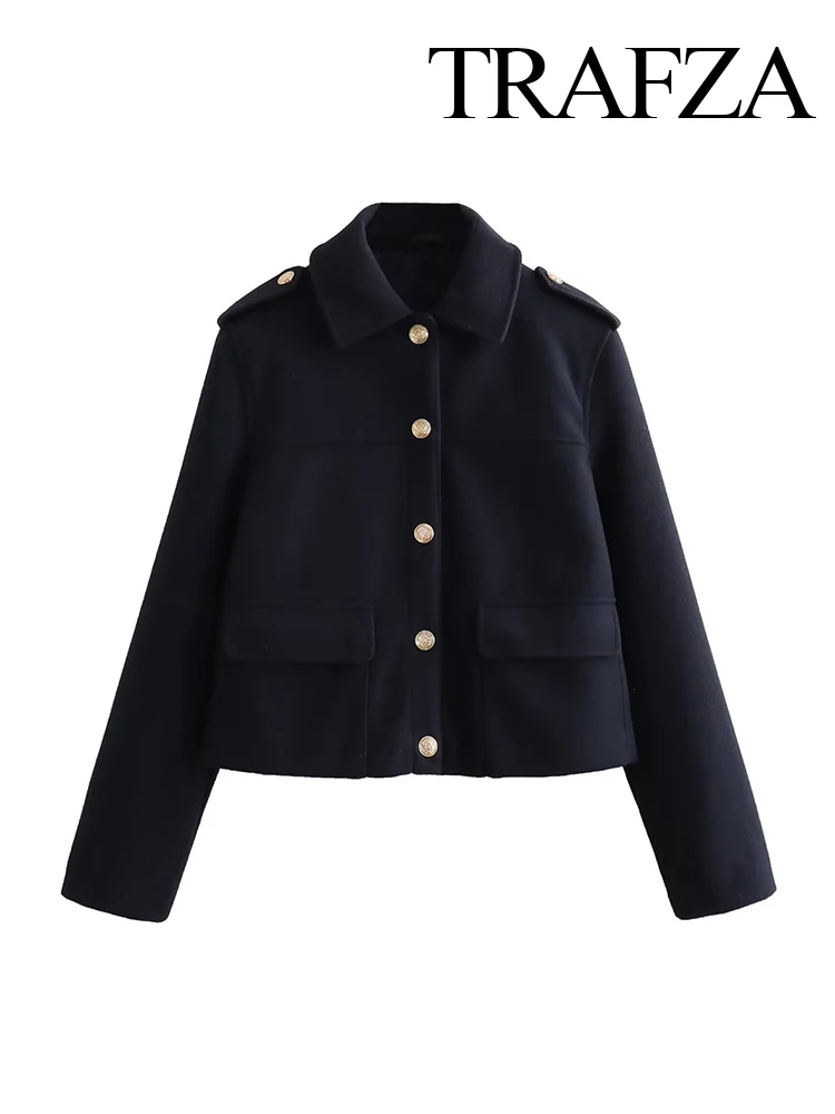 

TRAFZA Autumn Elegant Woman Long Sleeves Lapel Short Coat Women Loose Casual Single-breasted Solid Color Chic Vintage Jacket