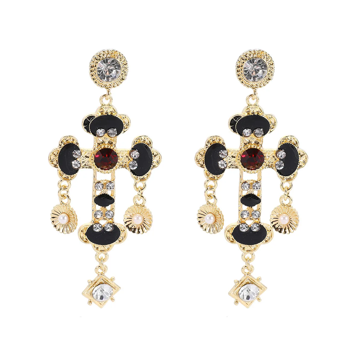 

Fashion Gold Color Black White Enameling Cross Link Chain Pendant Long Drop Earrings for Women Girls Punk Tassel Earring Jewelry