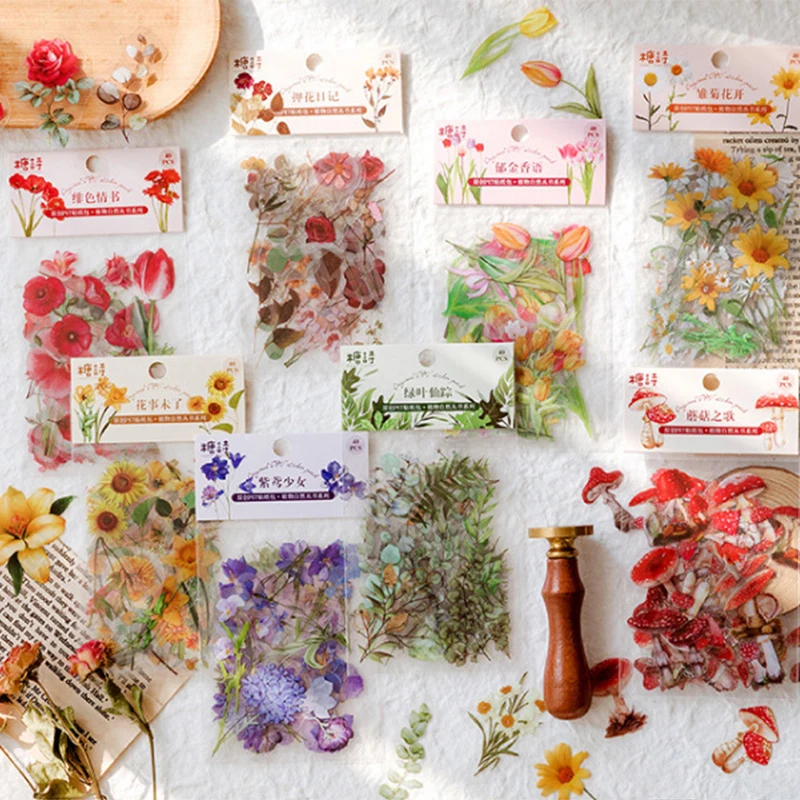 

40 pcs/bag Plant Nature Flower Decorative PVC Sticker Scrapbooking diy Label Diary Stationery Album Journal Daisy mushroom Stick