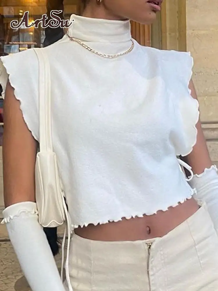 

Artsu White Knitted T Shirt With Sleeve Sexy Side Hollow Out Lace Up Ruffled Crop Top Elegant Streetwear Summer Solid Tee Lady