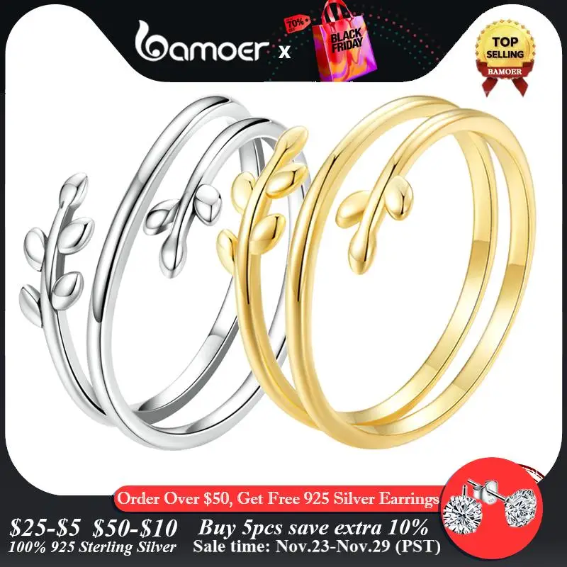 

Bamoer 925 Sterling Silver Leaves Adjustable Ring Trendy Multilayer Leaf Open Ring for Women Fashion Jewelry Gift 2 Colors