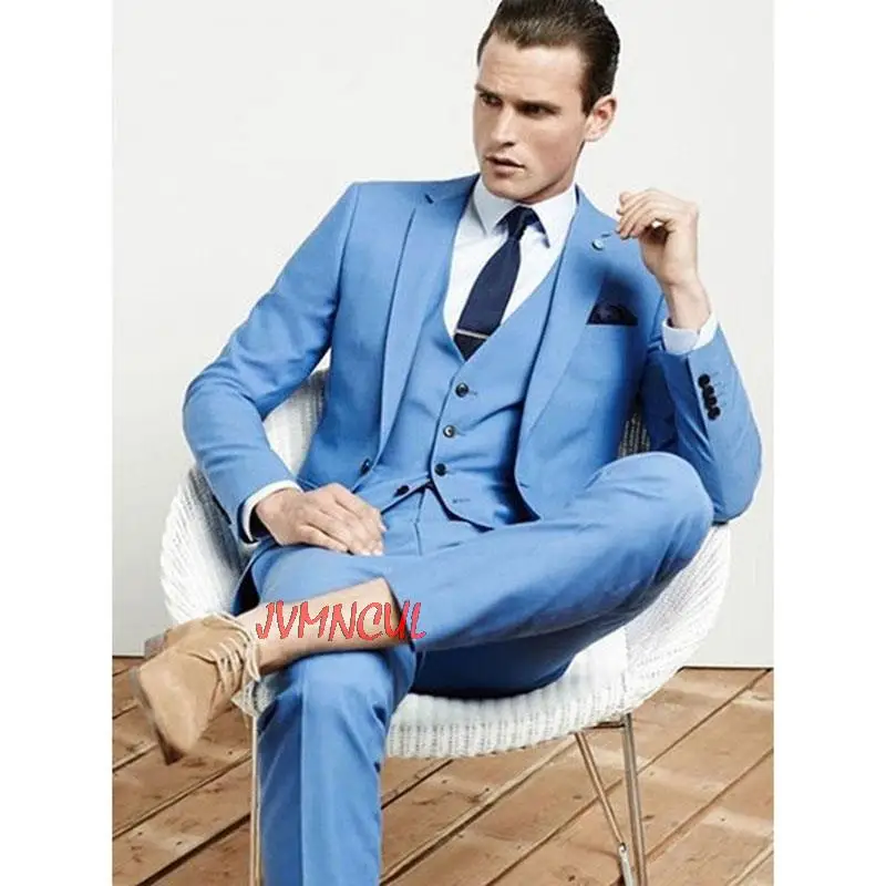 

Light Blue Blazer Trousers Wedding Men Suit Tuxedo Custom Made Slim Fit Formal Men's Suits Costume Homme( Jacket+Pants+Vest+Tie)