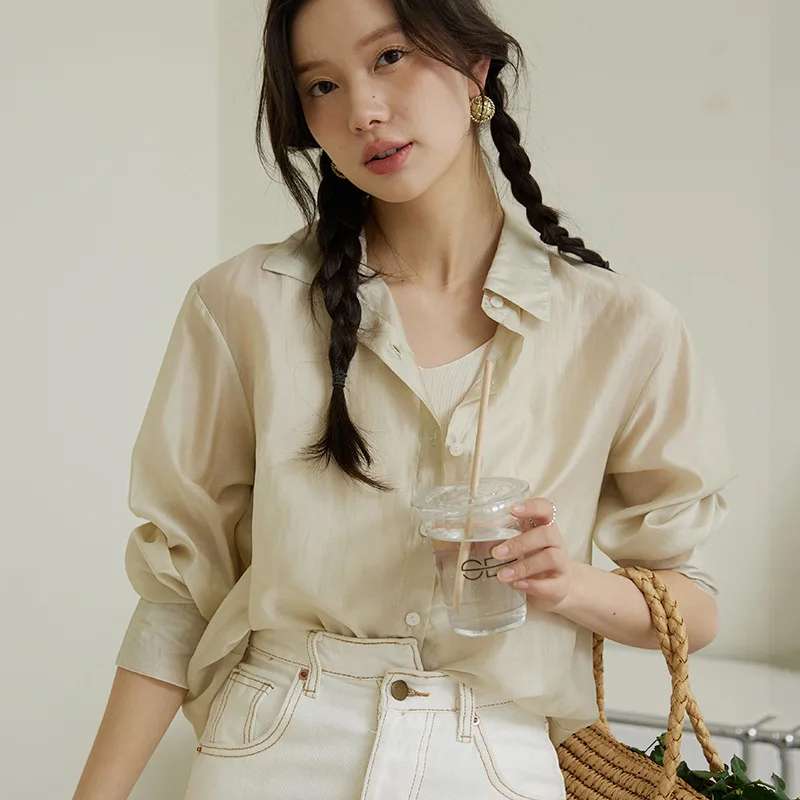 Sunscreen Silk Shirt Female Candy Color Thin Style Simple Outer Wear Long-sleeved Breathable Top Cardigan Blouse 2023 Womens Top