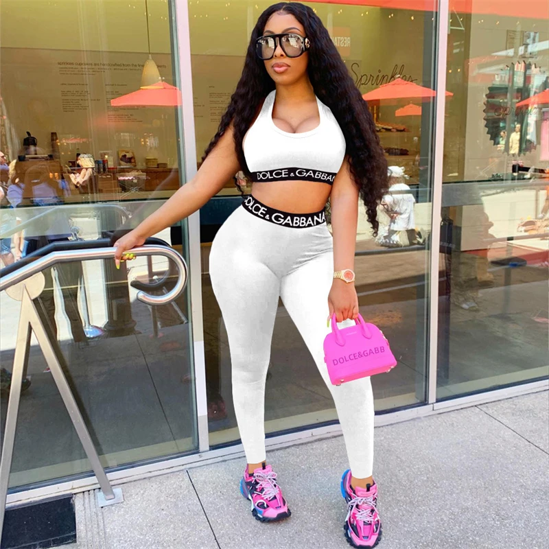 

Letter Print Two Piece Set Women Tracksuit Skinny Vest Crop Top And Pants Female Fitness Workout Suit Female Sporty Outfits