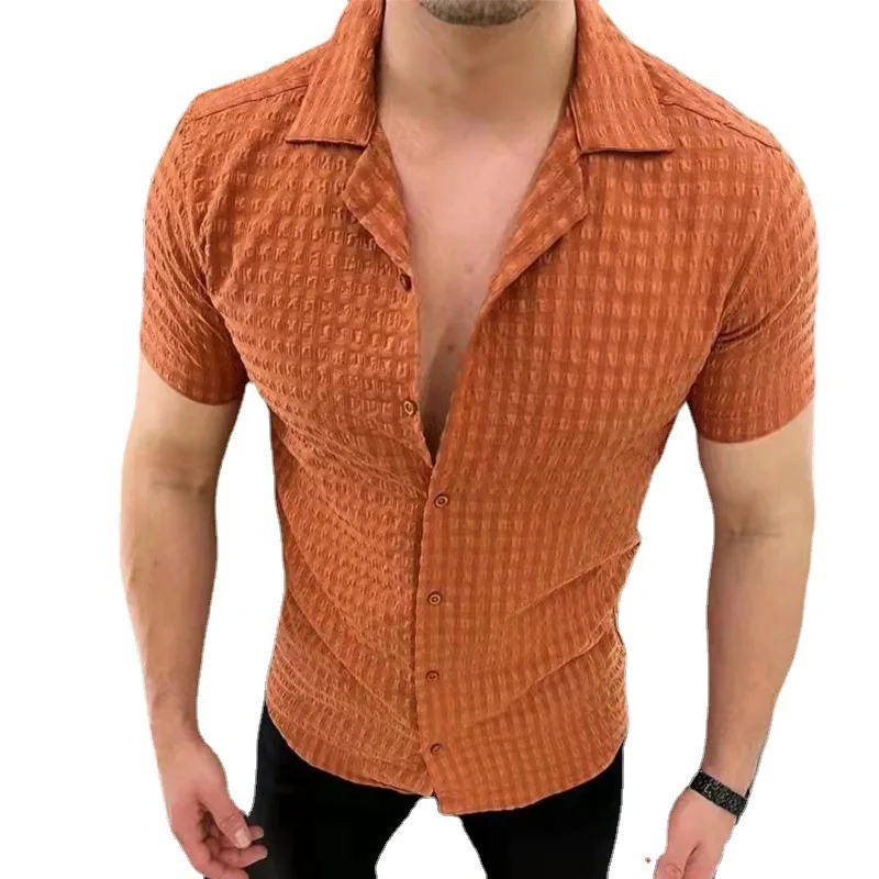 Summer Men's Solid Color Button Short Sleeve Shirt Slim Fit Casual Lapel Cardigan Top
