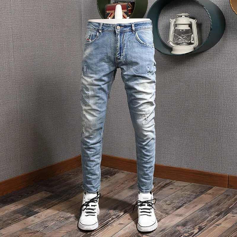 Fashion Designer Men Jeans Retro Light Blue Elastic Stretch Slim Fit Patched Ripped Jeans Men Korean Style Vintage Denim Pants