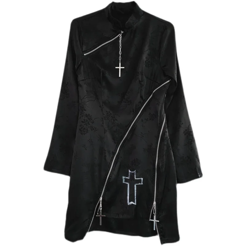 

2022 Spring Black Long Sleeve Dress Gothic Punk Zipper Cross Dress Improved Cheongsam Short Dress Vestidos Women Clothing