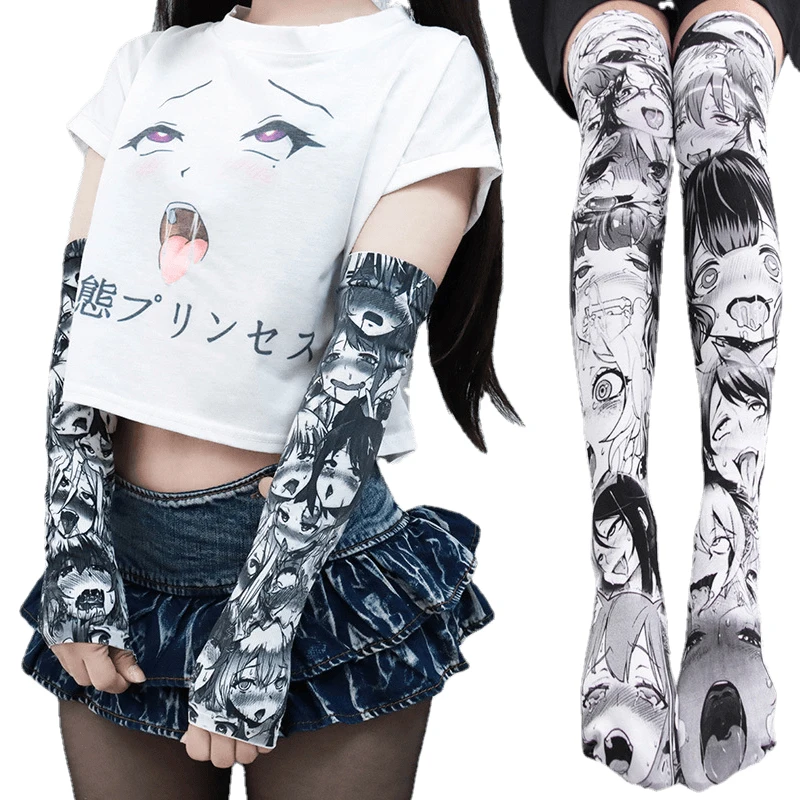 

Anime Ahegao Hentai Cosplay Protection Arm Sleeve Stockings Tshirt Costumes Cartoons Printing Summer Woman Costume