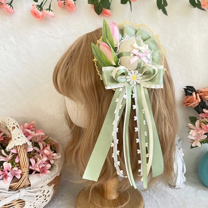 

Gorgeous Green Tulip Lace Hairpin Small Pink Flower Top Hat Barrettes for Tea Party Gathering Vacation
