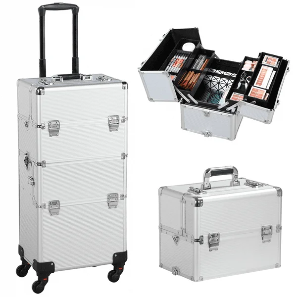 

Easyfashion Rolling Aluminum 3 in 1 Cosmetic Trolley Makeup Beauty Box Case, Sliver
