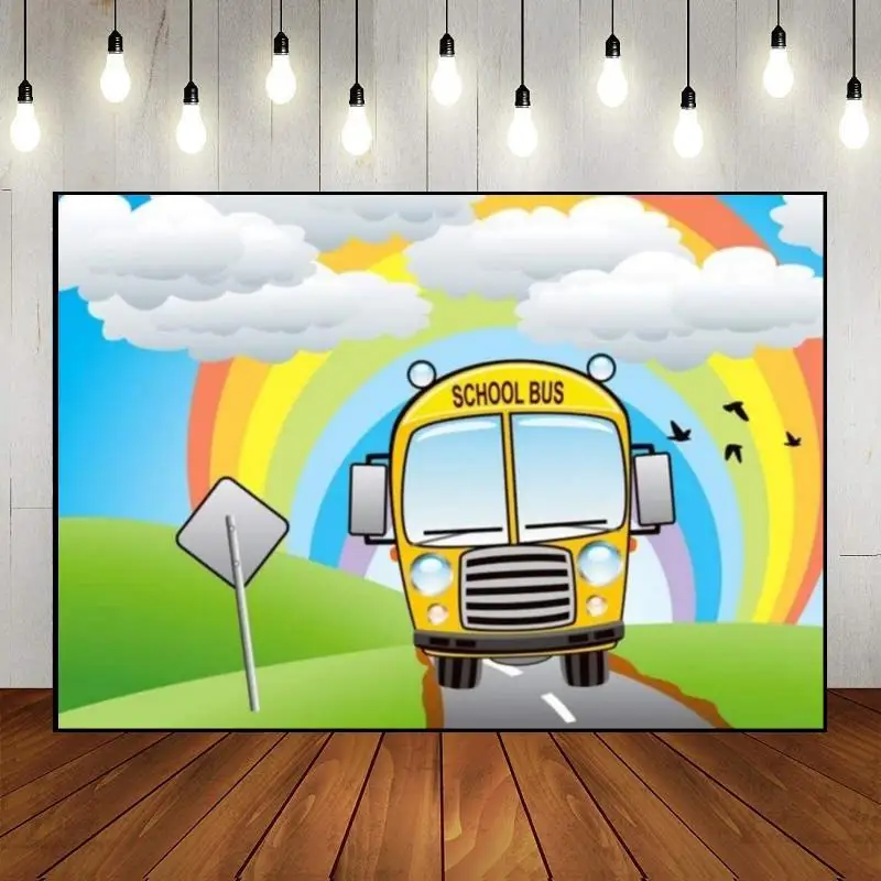 

School Bus Yellow Wheels Bus Kindergarten Background Freedom Custom Birthday Backdrop Surprise Photography Backdrops Decoration