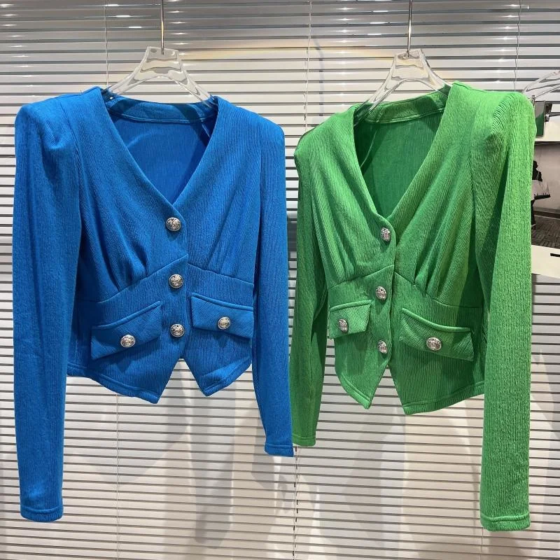 

V-neck Metal Button Shoulder Pad Bubble Sleeve Cardigan T-shirt Blue Green Black White Summer Women Crop Tops