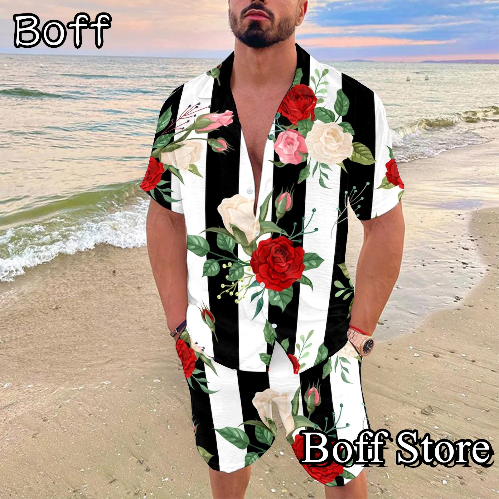 

Summer Men Shirt Shorts Set 2 Pieces Roses Printing Tracksuit Casual Outfit Male Fashion Trend Hawaii Vacation Suit Clothing