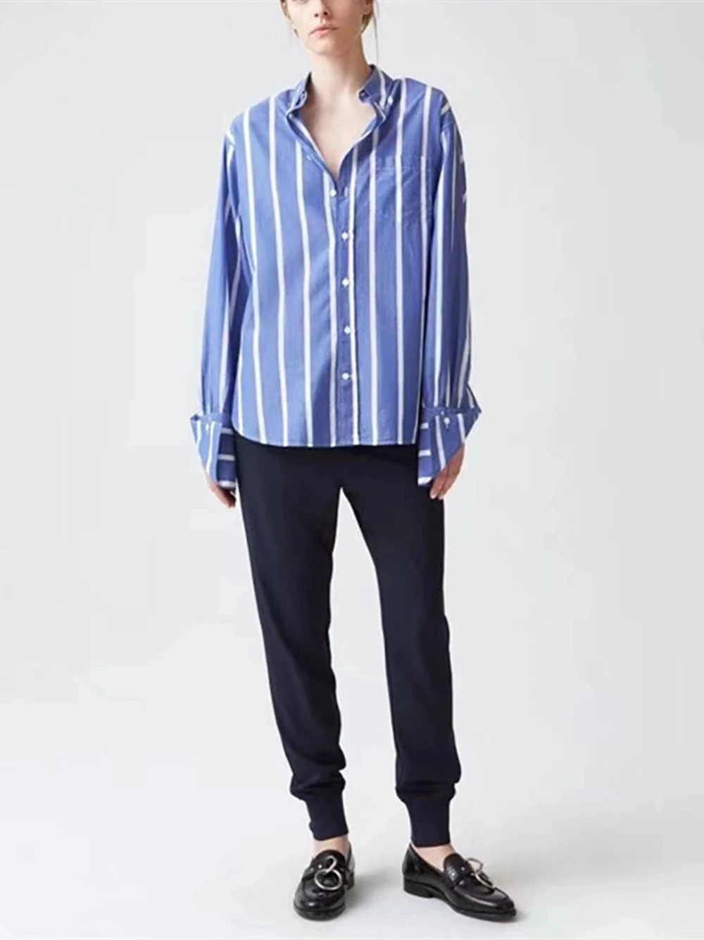 

Women Blue and White Stripes Blouse 100% Cotton Turn-down Collar Long Sleeve Top Ladies Single Breasted Simple Shirts