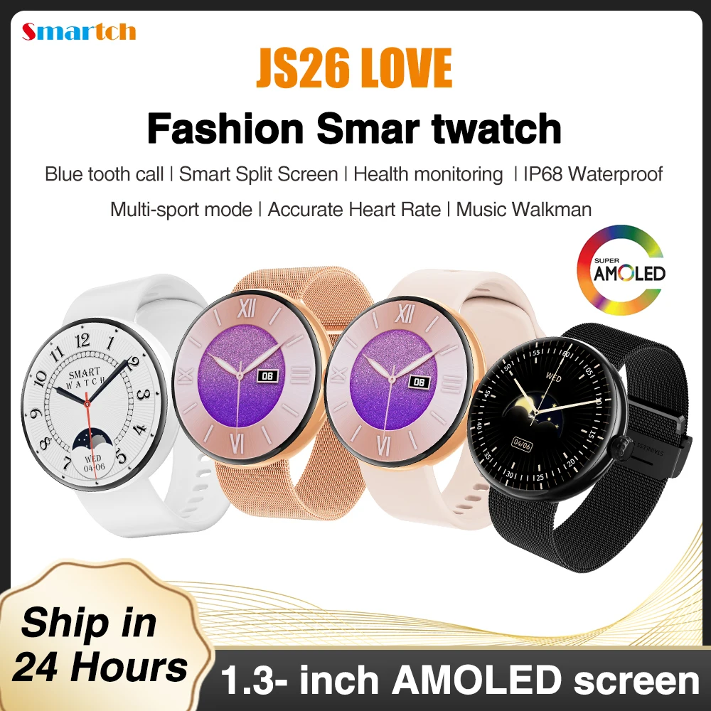 

Смарт-часы JS26 с AMOLED-экраном 1,3 дюйма для мужчин и женщин, спортивные умные часы с защитой IP68, с пульсометром, музыкой и звонками