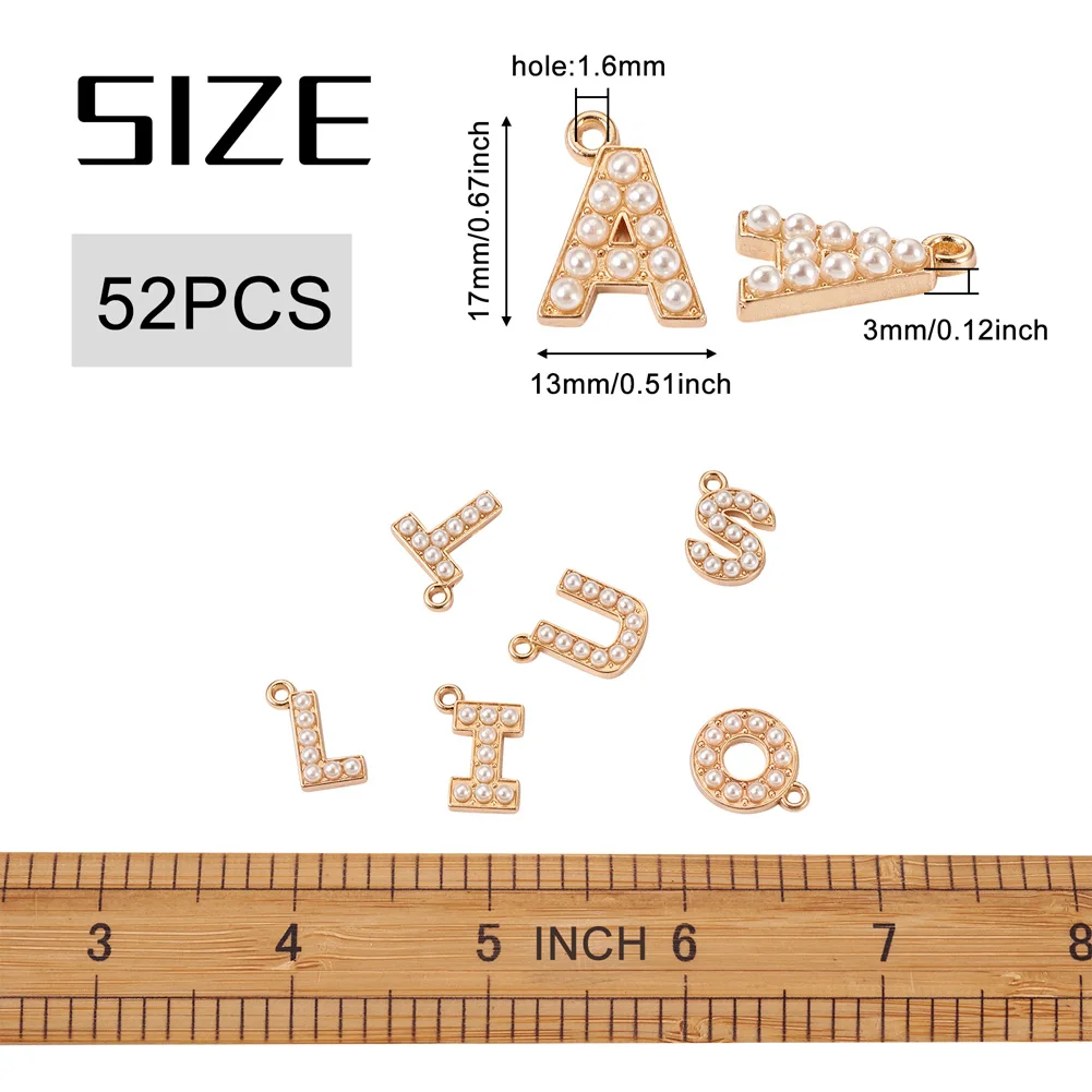 52pcs Alphabet Zinc Alloy Pendant Letter A-Z with Imitation Plastic Pearl Bead Charms for Dangle Earring Necklace Jewelry Making